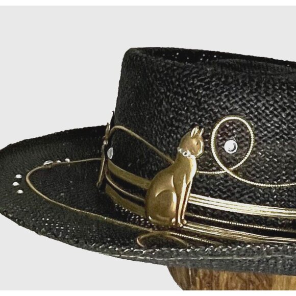 Vintage Black w Gold Cat Lady Stones Bling Boater Straw Hat sz M Dorfman Pacific main image 9